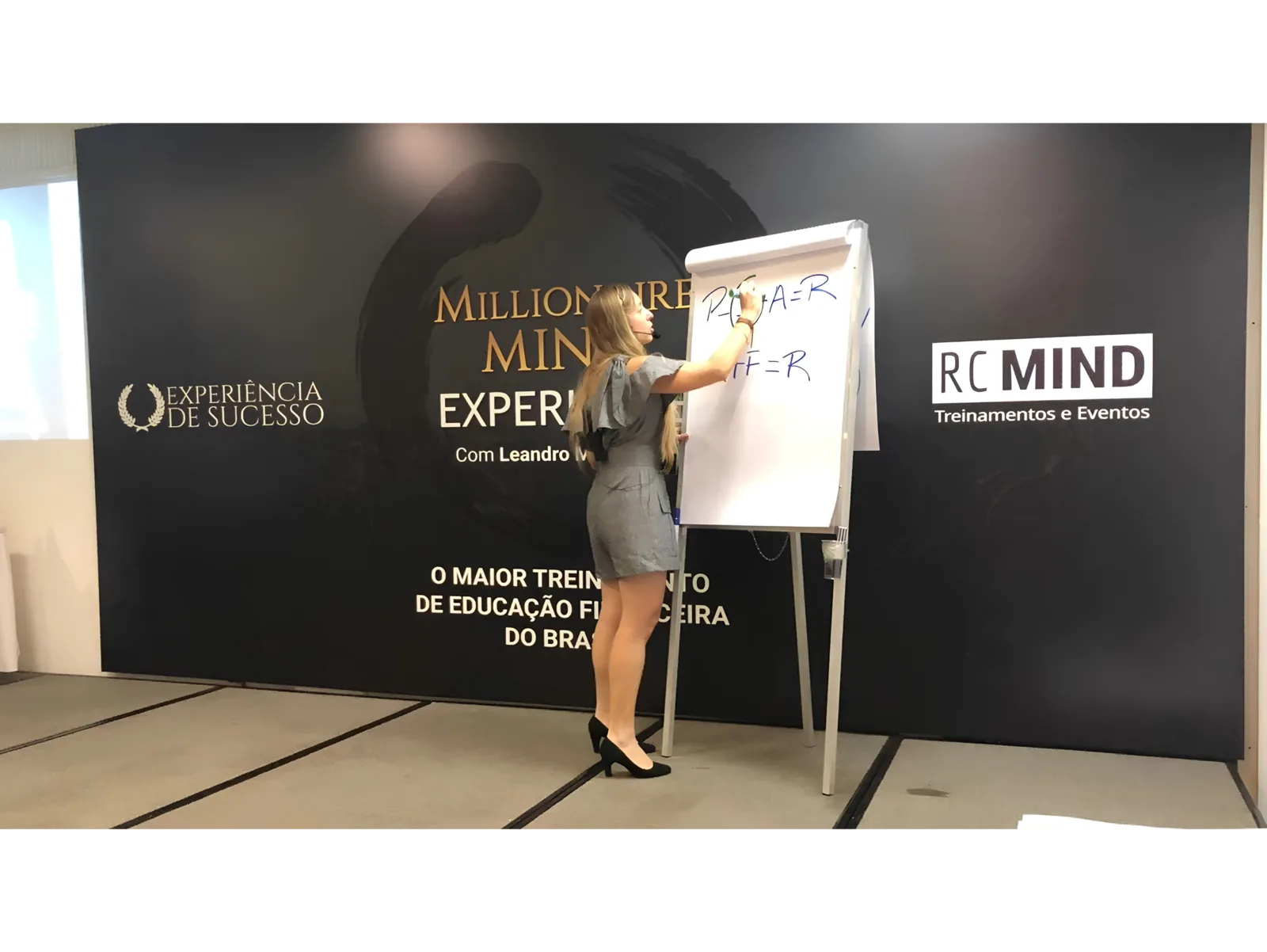 Pilar Moretzsohn usa um flip chart durante uma apresentação.