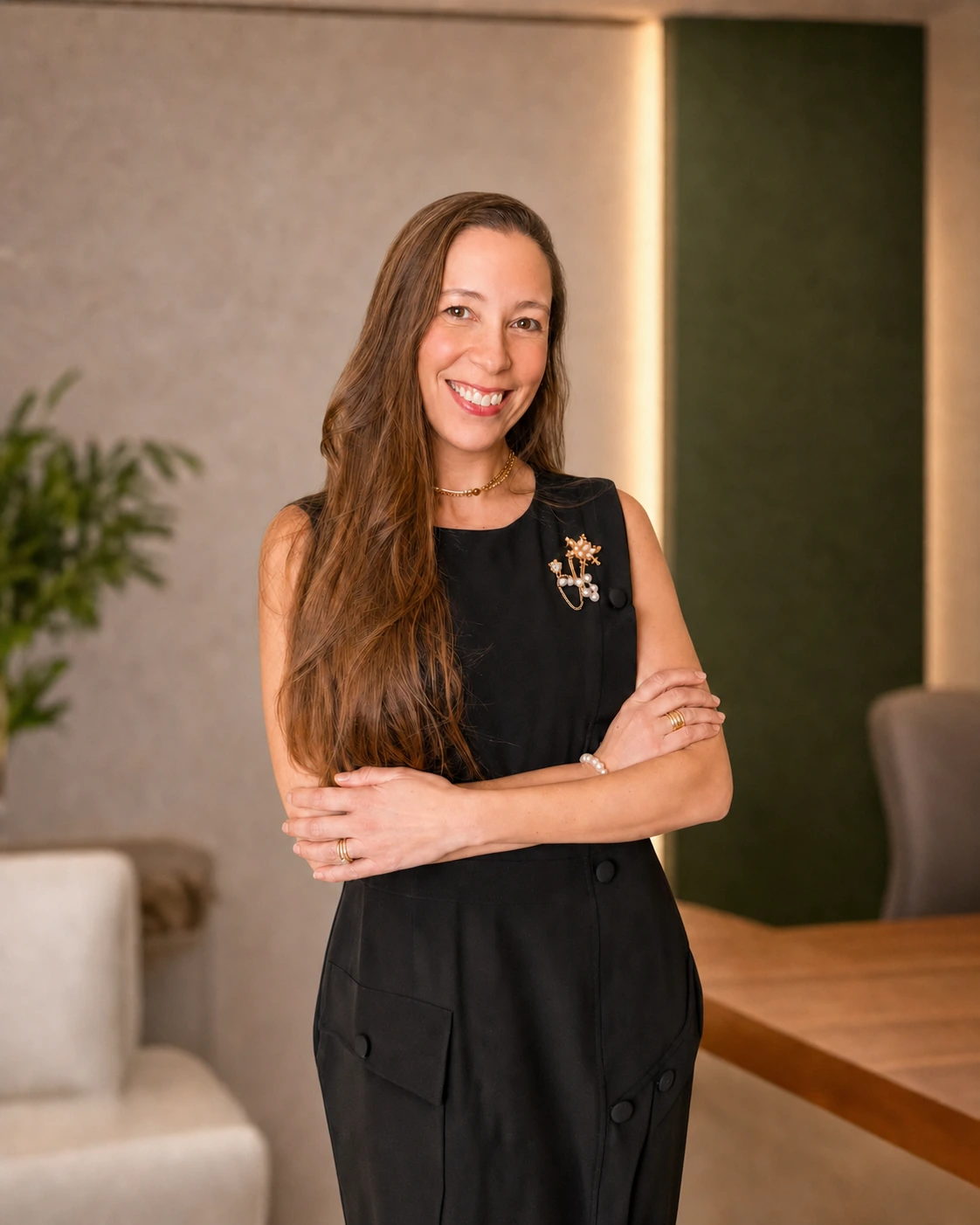 Pilar Moretzsohn de braços cruzados, em retrato profissional.