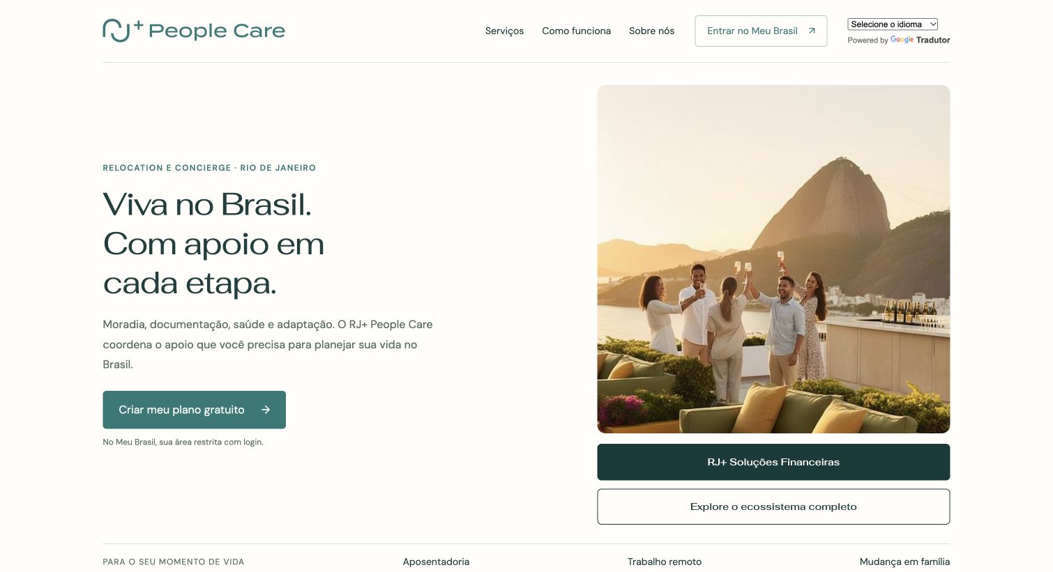 Captura pública do site RJ+ People Care, com oferta e caminhos de navegação.